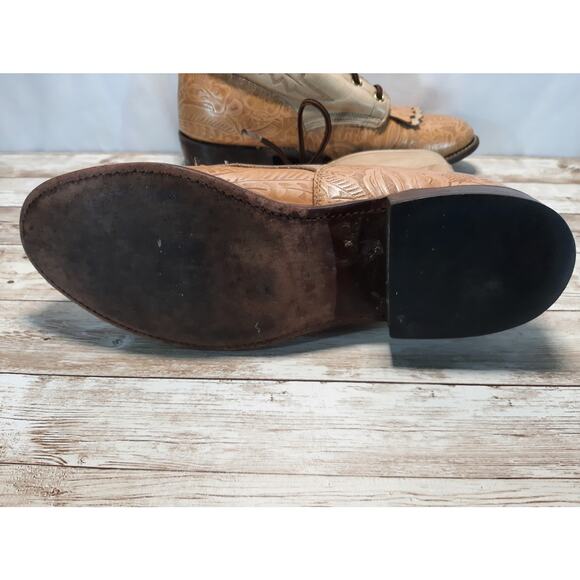 VTG Larry Mahan Tan Tooled Leather Lace Up Western Boots 9 M Kiltie Boots - Picture 8 of 9